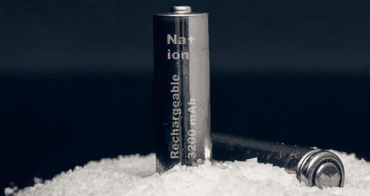 sodium battery standing on a pile of salt